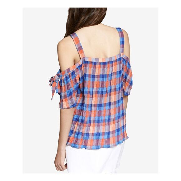 SANCTUARY Womens Blue  Bow Sleeve Plaid Short Sleeve Square Neck Blouse XS - Picture 2 of 4